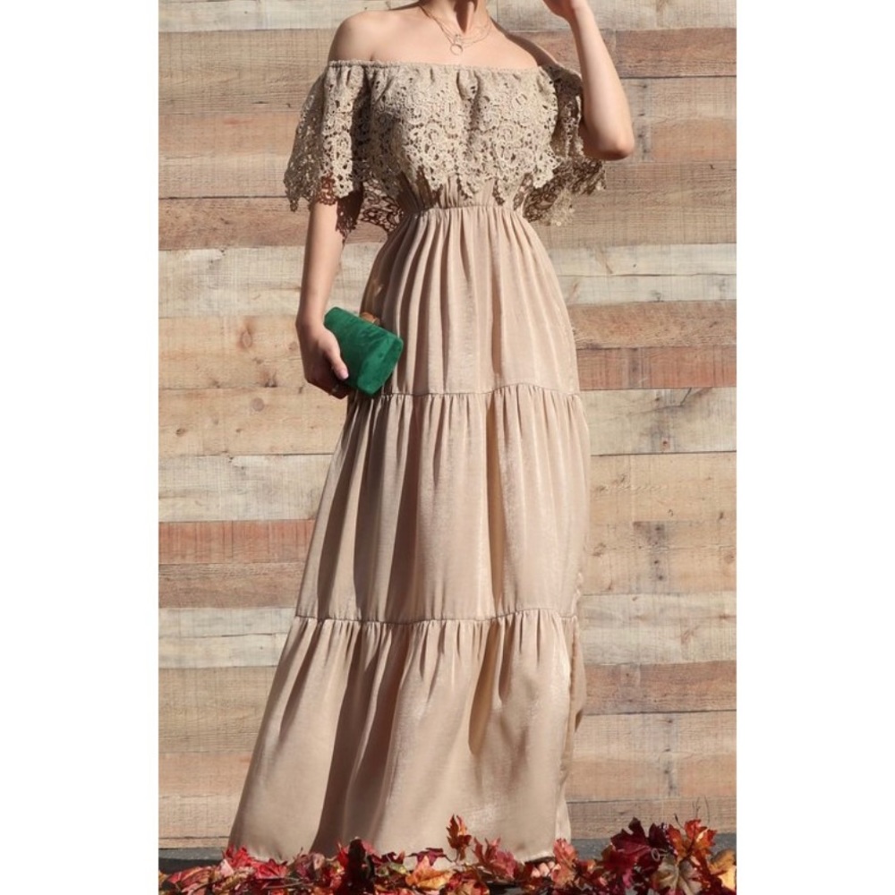 Champagne/Burgundy off shoulder lace maxi dress
